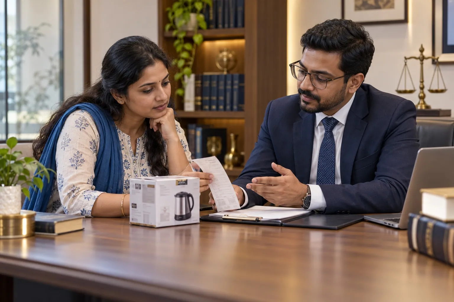 Indian customer discussing purchase documents with an adviser