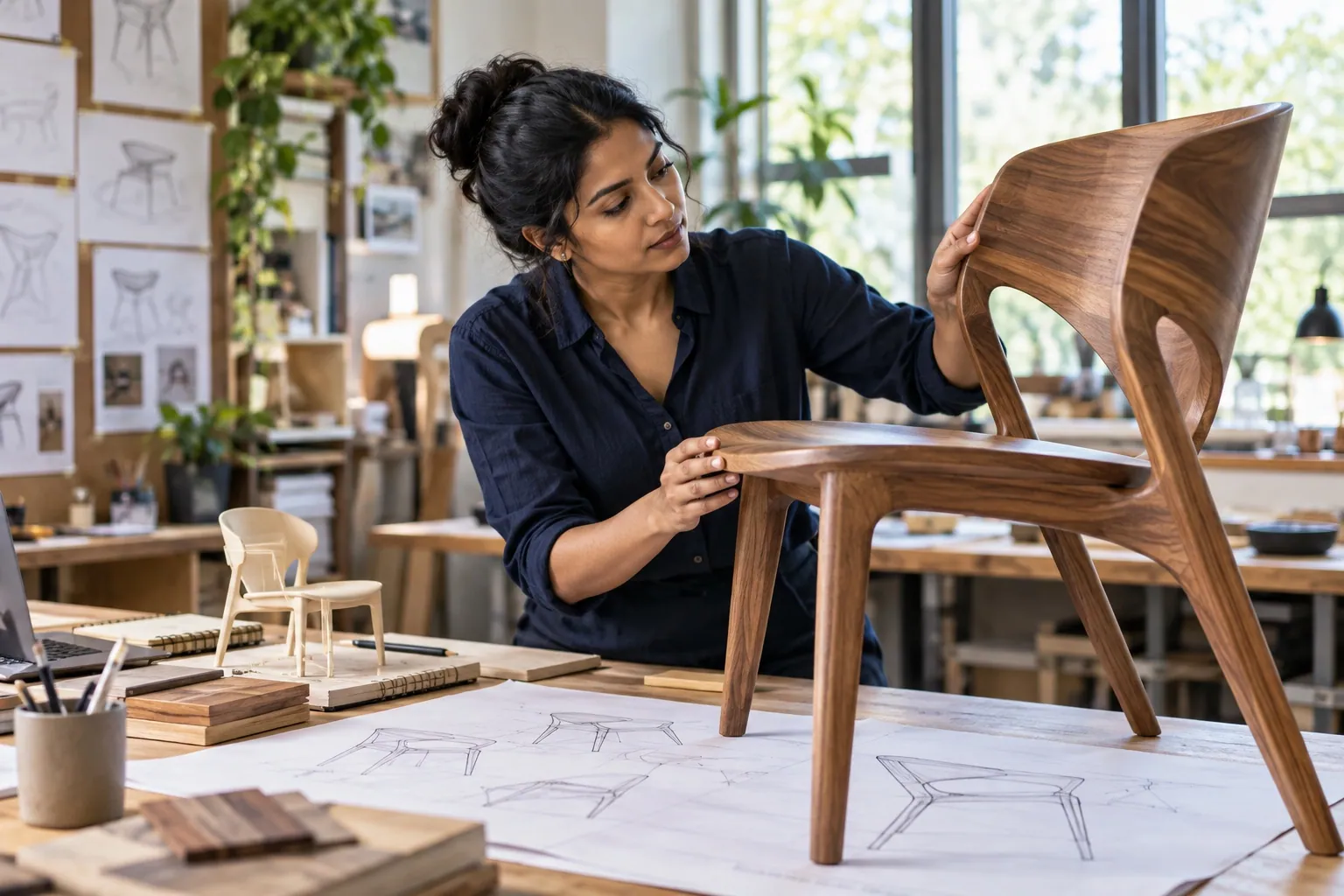 Indian designer reviewing a furniture prototype