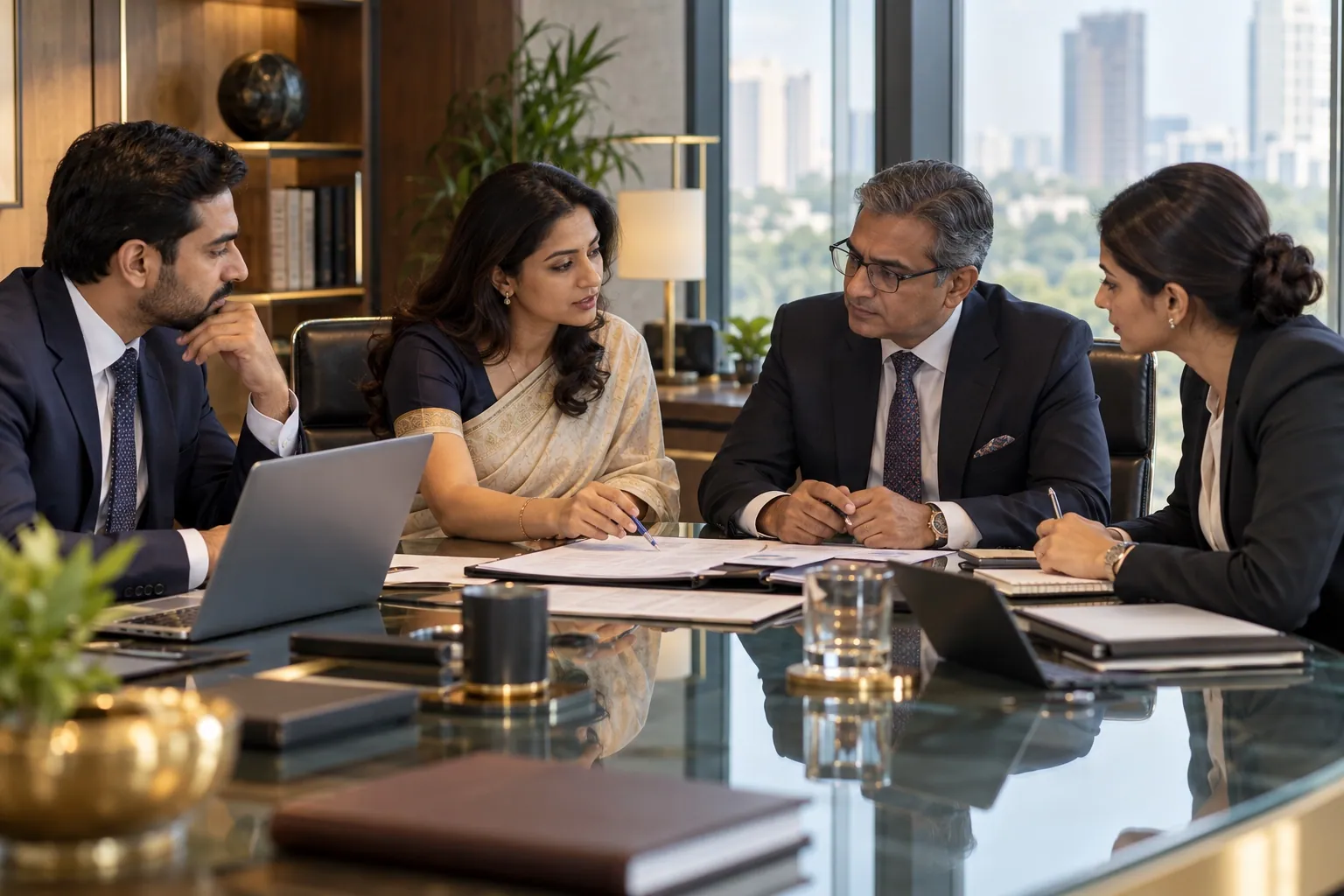 Indian executives and advisers discussing a business partnership
