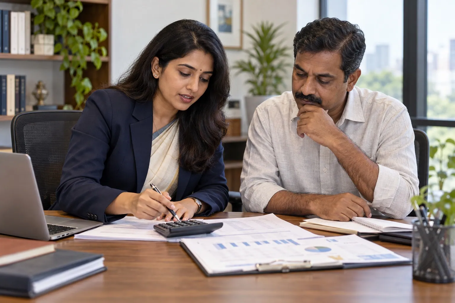 Indian tax adviser reviewing business accounts